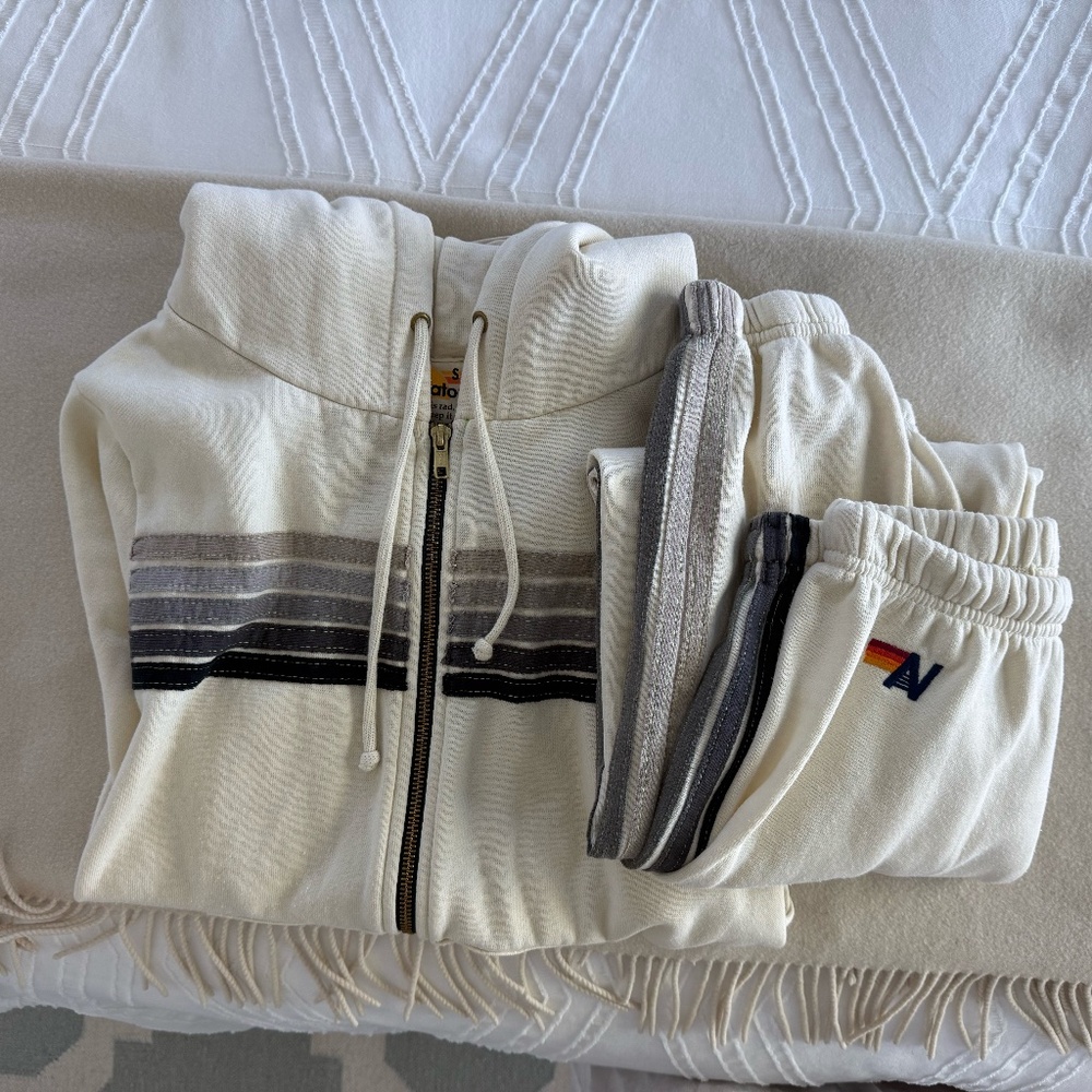 AVIATOR NATION 5 Stripe HOODIE, Ivory w Grey Stripes, SMALL - Picture 5 of 8